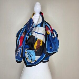 Talbots Women Empowerment Graphic Square Scarf Blue Black Floral Illustration